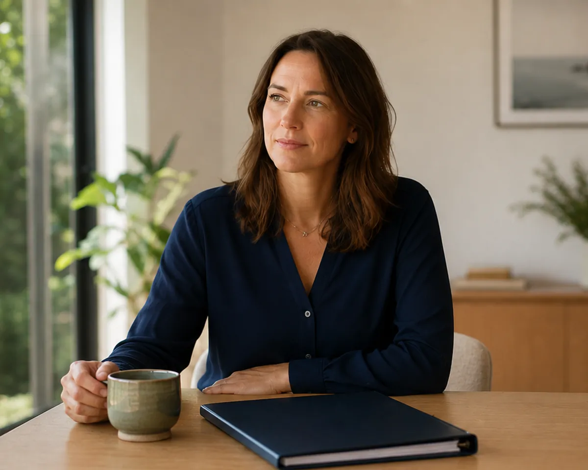 A woman sitting at her dining table with a cup of tea, considering her options